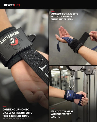 Beastlift D-Ring Lifting Straps with Neoprene Wrist Cuffs, Cotton Straps, Silicone Anti-Slip Grips, Steel D-Ring, Ideal for Free-Weight and Cable Training, Includes Carrying Case