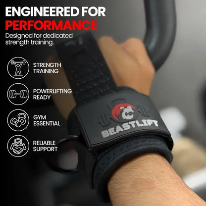 Beastlift D-Ring Lifting Straps with Neoprene Wrist Cuffs, Cotton Straps, Silicone Anti-Slip Grips, Steel D-Ring, Ideal for Free-Weight and Cable Training, Includes Carrying Case