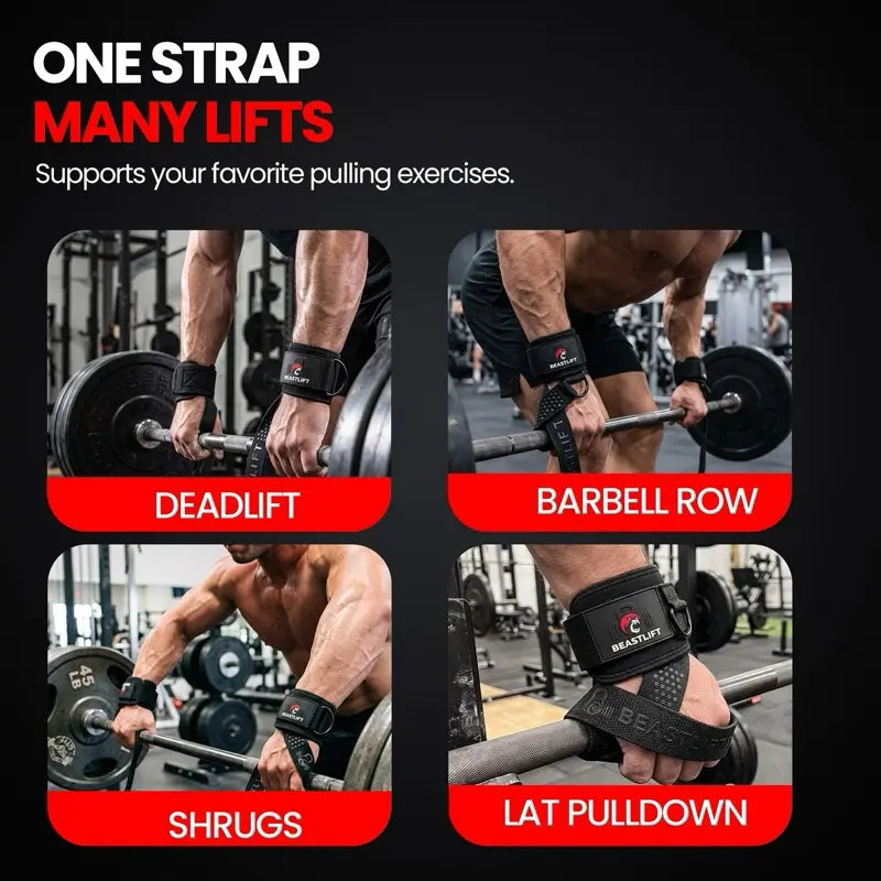 Beastlift D-Ring Lifting Straps with Neoprene Wrist Cuffs, Cotton Straps, Silicone Anti-Slip Grips, Steel D-Ring, Ideal for Free-Weight and Cable Training, Includes Carrying Case