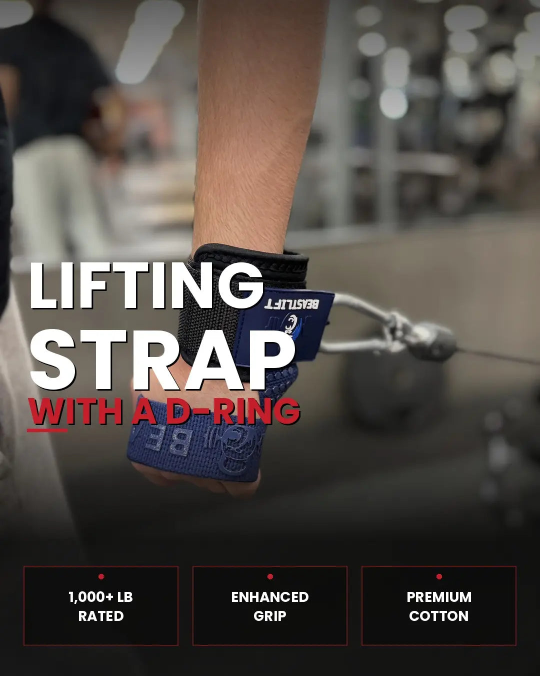 Beastlift D-Ring Lifting Straps with Neoprene Wrist Cuffs, Cotton Straps, Silicone Anti-Slip Grips, Steel D-Ring, Ideal for Free-Weight and Cable Training, Includes Carrying Case