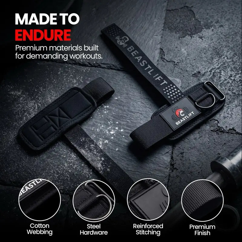 Beastlift D-Ring Lifting Straps with Neoprene Wrist Cuffs, Cotton Straps, Silicone Anti-Slip Grips, Steel D-Ring, Ideal for Free-Weight and Cable Training, Includes Carrying Case