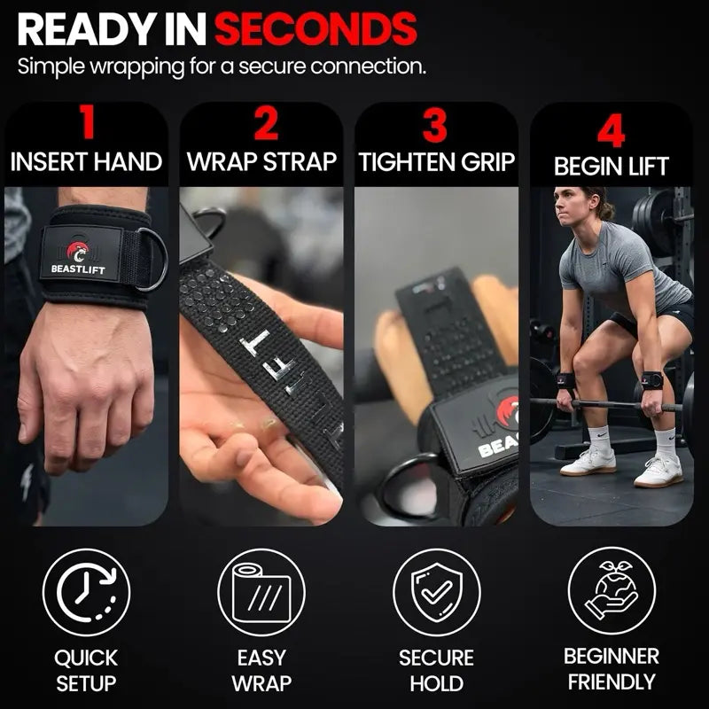 Beastlift D-Ring Lifting Straps with Neoprene Wrist Cuffs, Cotton Straps, Silicone Anti-Slip Grips, Steel D-Ring, Ideal for Free-Weight and Cable Training, Includes Carrying Case